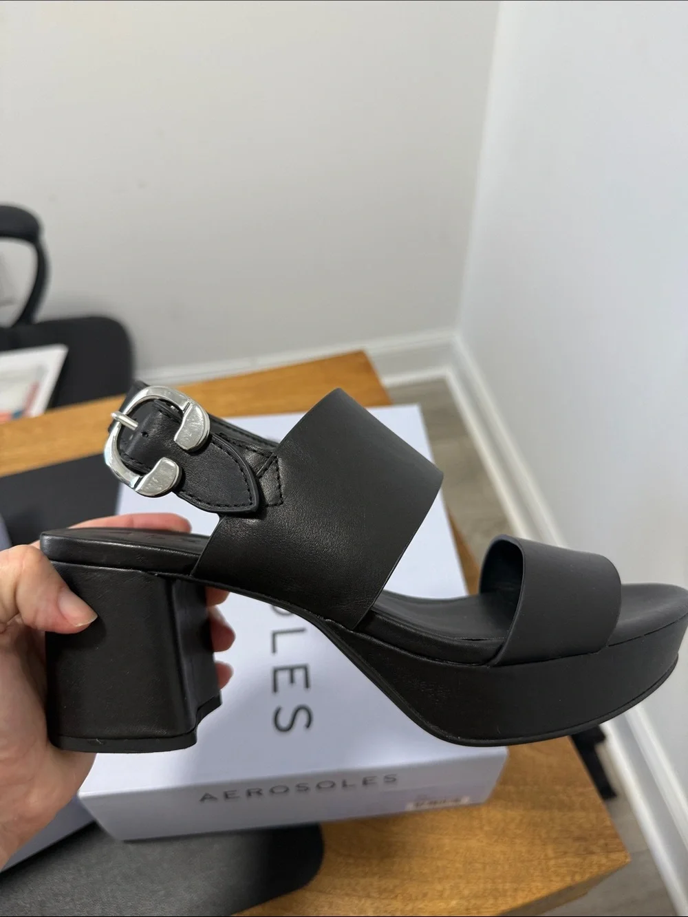 AEROSOLES Black Platform Block Heel Sandals with Silver Buckle